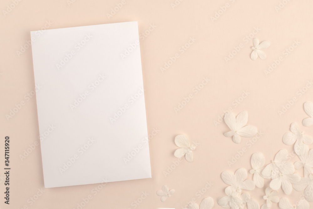 Romantic wedding blank invitation card mock up on soft pink background with small white flowers. Modern neutral minimal feminine stationery presentation design. Romantic wedding blank invitation card mock up on soft pink background with small white flowers. Modern neutral minimal feminine stationery presentation design.