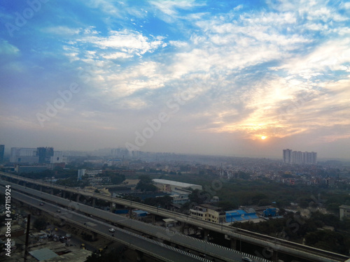 City scape india with sunny dramatic sky background