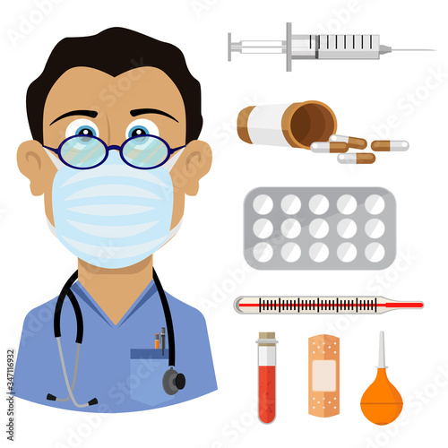 A serious doctor with glasses and a set of medicines and medical equipment. Vector illustration on the topic of medicine and health.