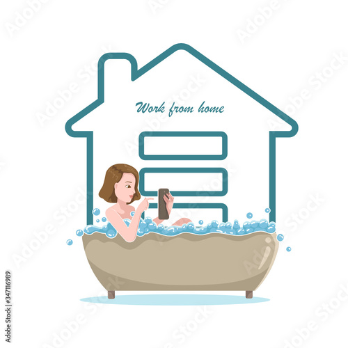Work from home. Women working at home with smart phones. She is bathing in the sink in the bathroom. Concept for stay at home. House simple symbols. Vector Illustration. 