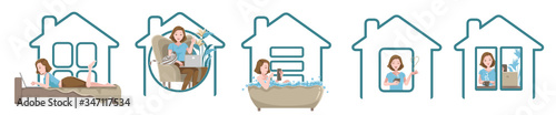 Work from home set. Women working at home set. Concept for stay at home. House simple symbols. Vector Illustration. 