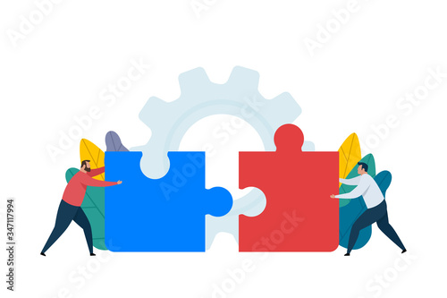 Teamwork concept design. People connecting puzzle elements. Business metaphor. Vector cartoon illustration isolated on white background.