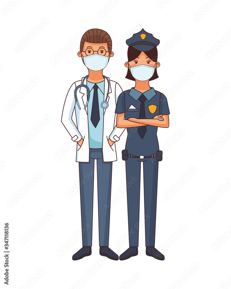 doctor and police woman using face masks