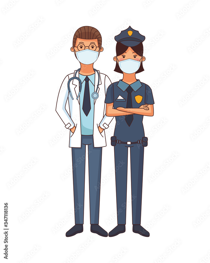 doctor and police woman using face masks doctor and police woman using face masks
