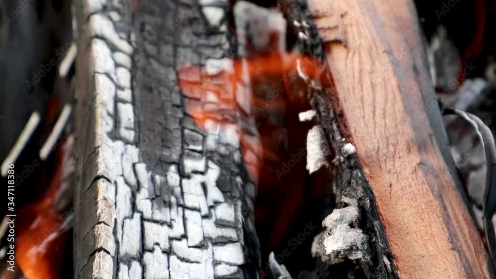 Burning wood grey coal log with hot red orange fire burning close-up. Warm flames on charcoal slow-motion video Burning wood grey coal log with hot red orange fire burning close-up. Warm flames on charcoal slow-motion video