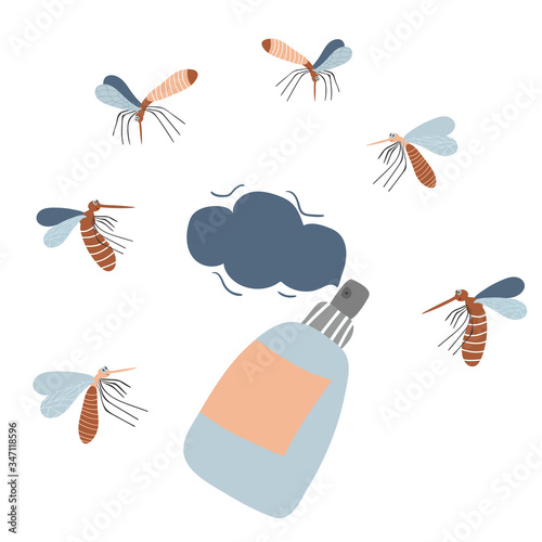 Repellent spray in the bottle. Protection from the mosquito and other insect. Aerosol for bug bite prevention. Vector illustration in cartoon style