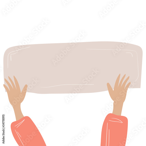 Hand holding blank placard. Empty space for text. Poster empty, protest announcement board. Vector illustration. People against violence, pollution, descrimination, human rights violation