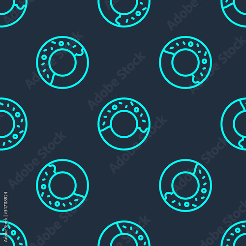 Green line Donut with sweet glaze icon isolated seamless pattern on blue background.  Vector Illustration