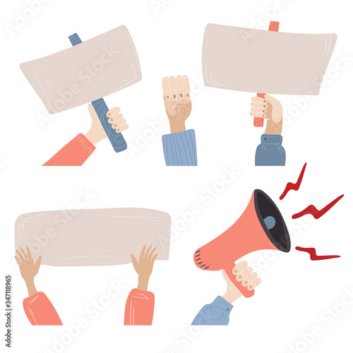 Set of hands holding posters, megaphone, fist. People against violence, pollution, descrimination, human rights violation.