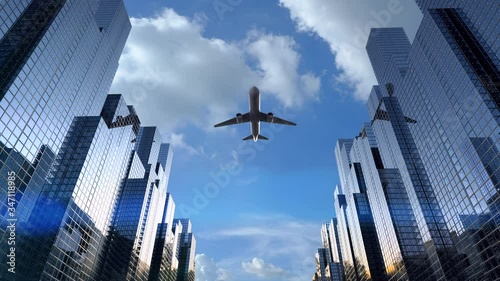 3d rendering airplane flying above high rise building