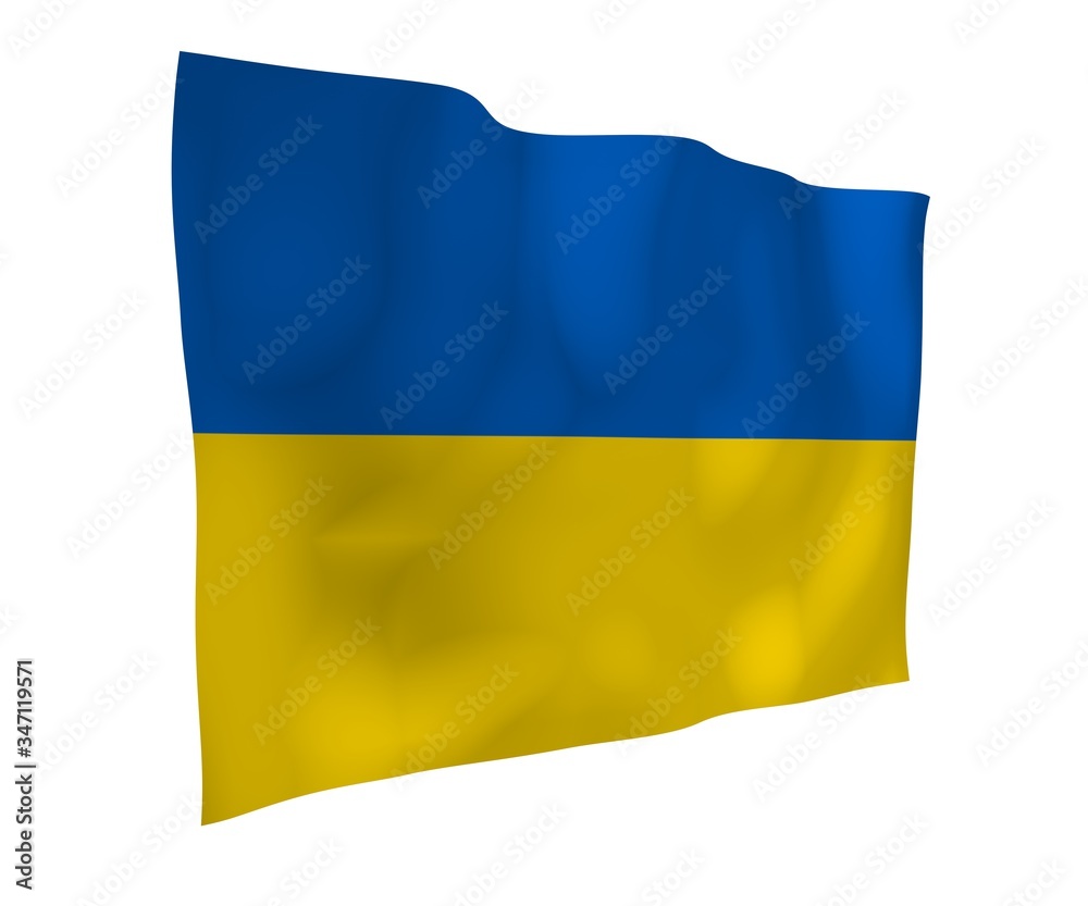 The flag of Ukraine on a white background. National flag and state ensign. Blue and yellow bicolour. 3D illustration waving flag The flag of Ukraine on a white background. National flag and state ensign. Blue and yellow bicolour. 3D illustration waving flag