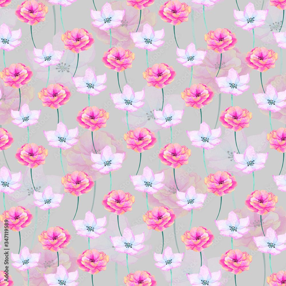 Delicate pink flowers on a light gray background.