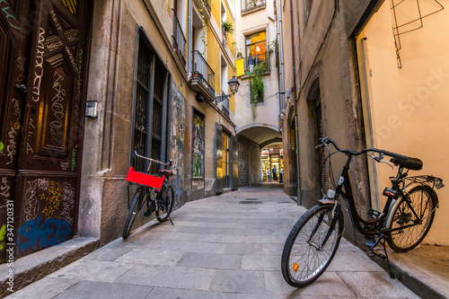 Bikes for rent in a Gothic quarter  Barcelona  Spain. 