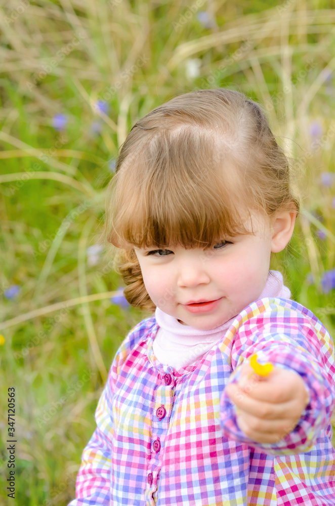 cute happy little girl playing and picking flowers in nature cute happy little girl playing and picking flowers in nature