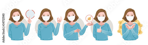 Women wearing protective medical mask for prevent virus. N95 mask many gestures. Hold, point, okay, forbid, arms crossed,effort, holding sign and thumbs up. Wearing a surgical. Vector Cartoon. 