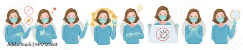 Women wearing protective medical mask and protective gloves for prevent virus. Medical mask many gestures. Hold, point, okay, forbid, arms crossed,effort, holding sign and thumbs up.Wearing a surgical