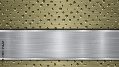 Background of golden perforated metallic surface with holes and silver horizontal polished plate with a metal texture, glares and shiny edges