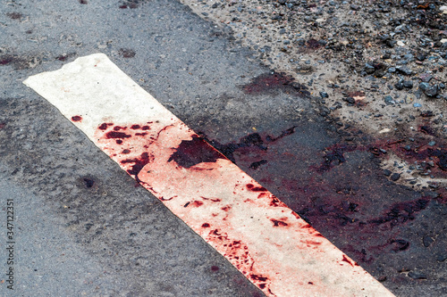 Dried blood clots on the side of an asphalt road photo