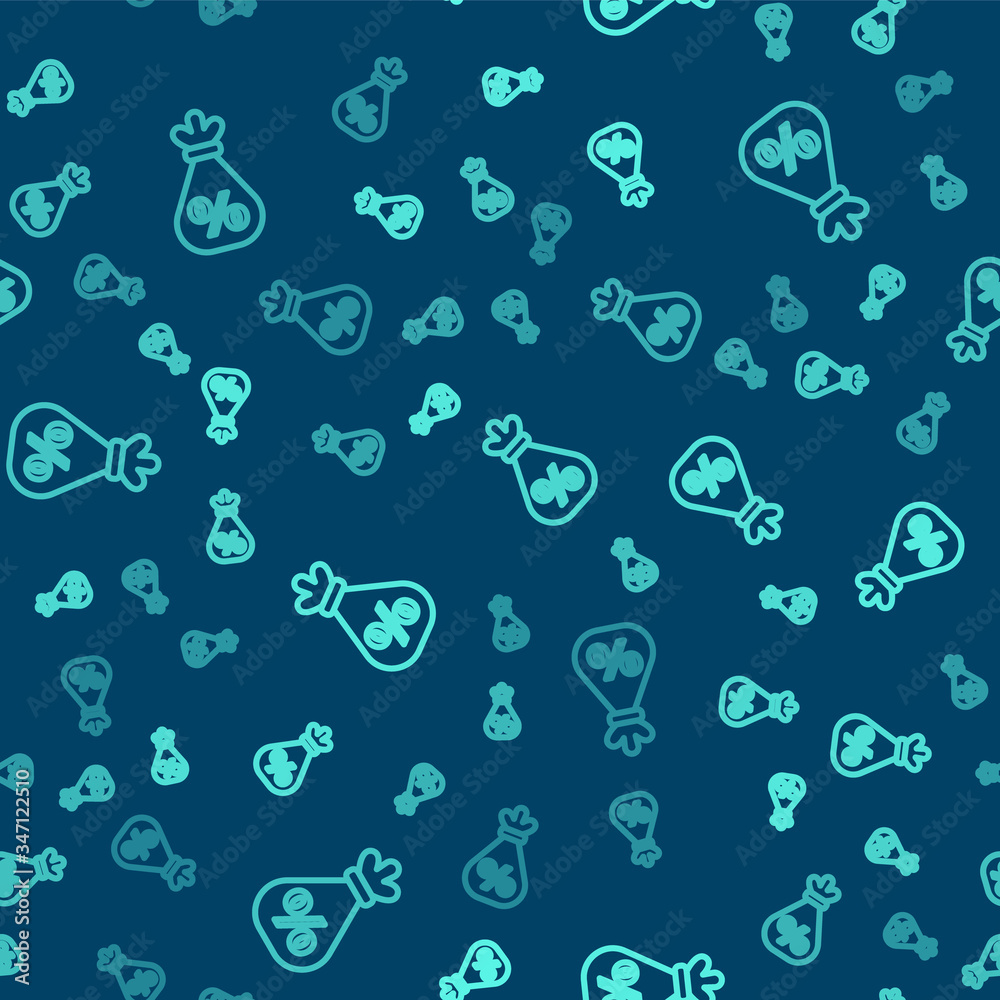 Green line Money bag with percent icon isolated seamless pattern on blue background. Cash Banking currency sign. Vector Illustration Green line Money bag with percent icon isolated seamless pattern on blue background. Cash Banking currency sign. Vector Illustration