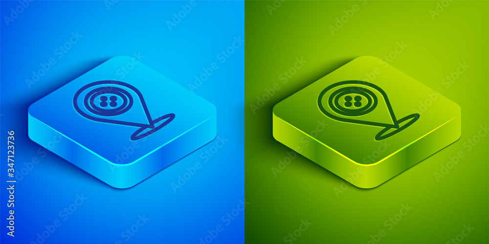 Isometric line Location tailor shop icon isolated on blue and green background. Square button. Vector Illustration Isometric line Location tailor shop icon isolated on blue and green background. Square button. Vector Illustration