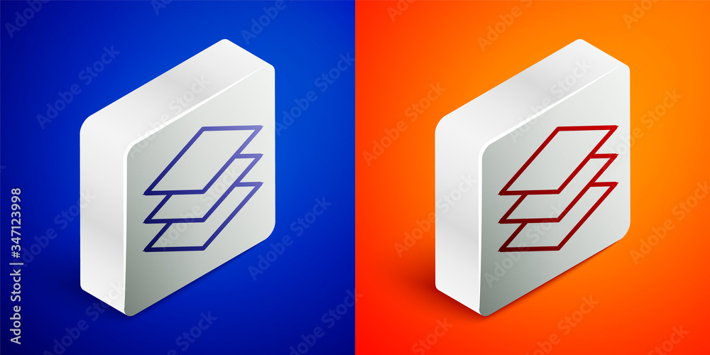 Isometric line Layers clothing textile icon isolated on blue and orange background. Element of fabric features. Silver square button. Vector Illustration