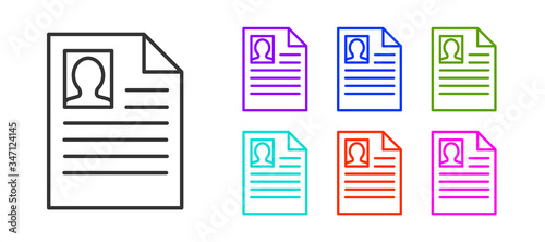 Black line Resume icon isolated on white background. CV application. Searching professional staff. Analyzing personnel resume. Set icons colorful. Vector Illustration