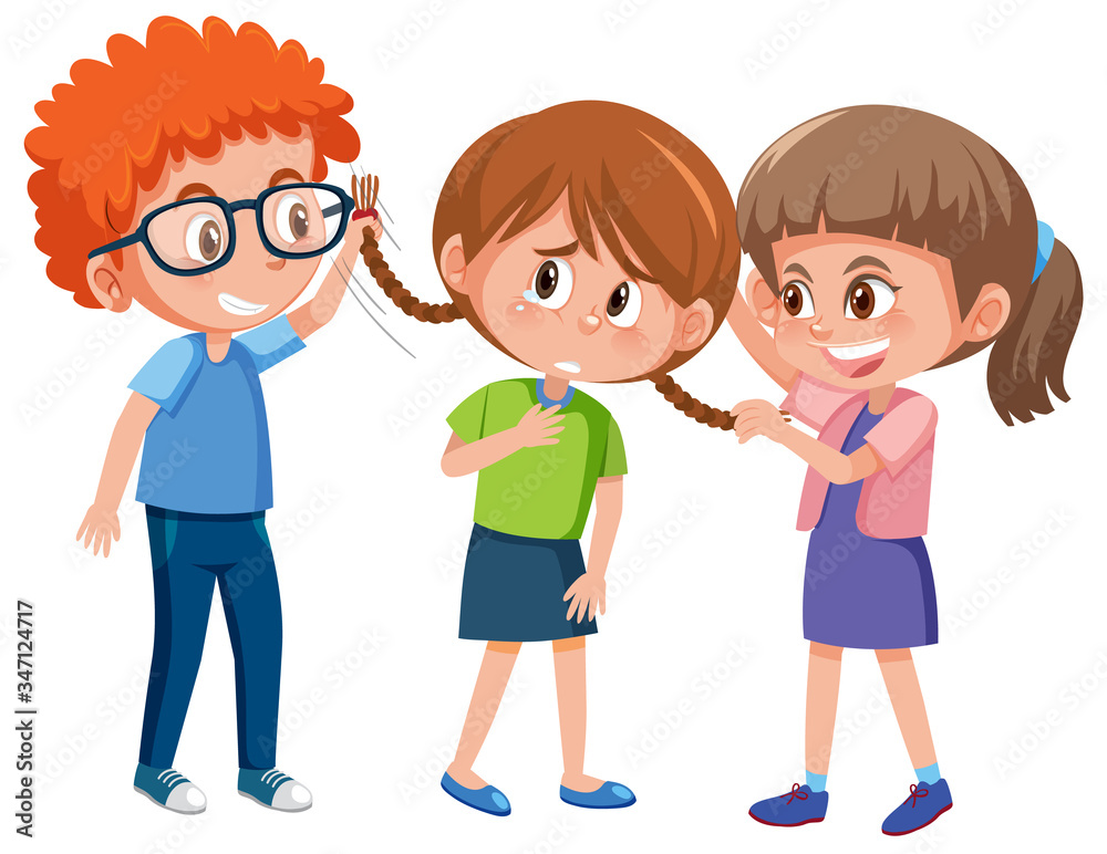 Domestic violence with kid bullying the others on white background