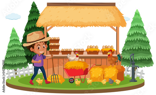 Farm scene with farmer and chickens on white background