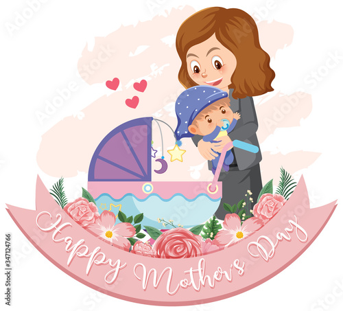 Template design for happy mother's day with mom and baby