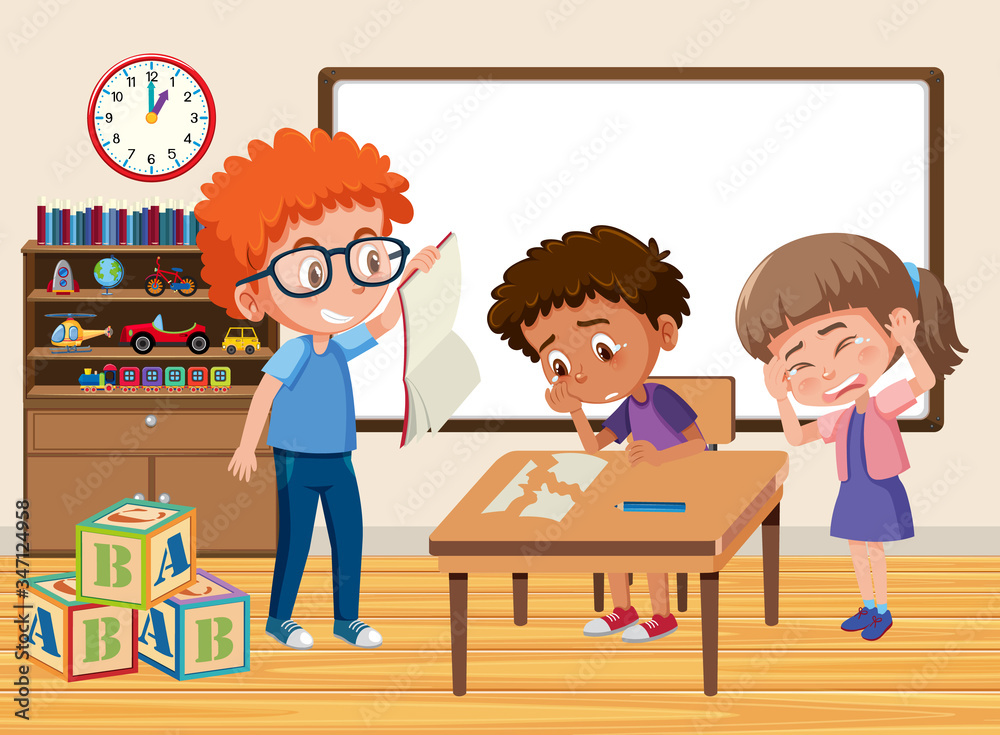 Scene with kid bullying their friend in classroom Scene with kid bullying their friend in classroom