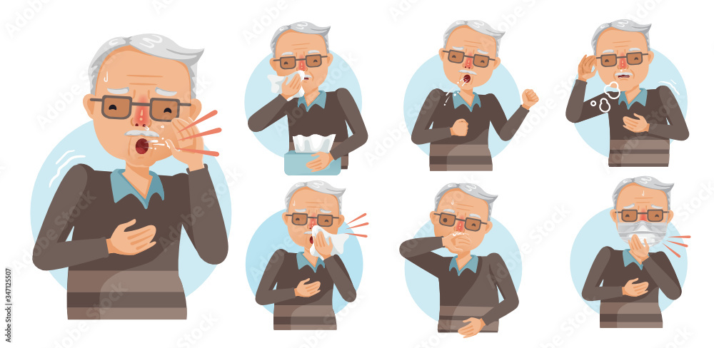 Fototapeta premium Elderly man sneezing and coughing set. Old Man influenza patients. The elderly are at risk of being infected with Covid 19. Concepts of patients with respiratory symptoms. Vector, illustration.