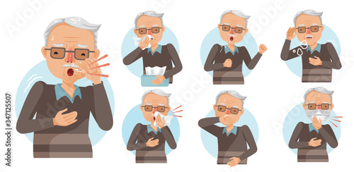 Elderly man sneezing and coughing set. Old Man influenza patients. The elderly are at risk of being infected with Covid 19. Concepts of patients with respiratory symptoms. Vector, illustration.