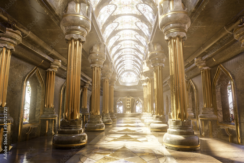 Fototapeta premium A hyper-realistic fantasy 3D interior of a temple. Majestic pillars, arches, vitreous and dreamy atmosphere follows this image. Luxurious golden details and cinematic view. 