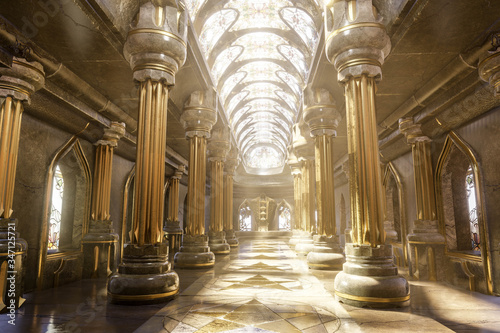 A hyper-realistic fantasy 3D interior of a temple. Majestic pillars, arches, vitreous and dreamy atmosphere follows this image. Luxurious golden details and cinematic view. 