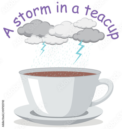 English idiom with picture description for storm in a teacup on white background