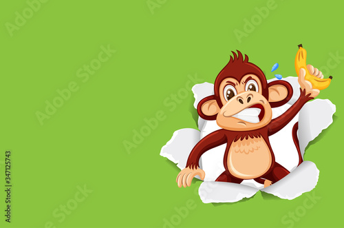 Background template design with wild monkey on green paper