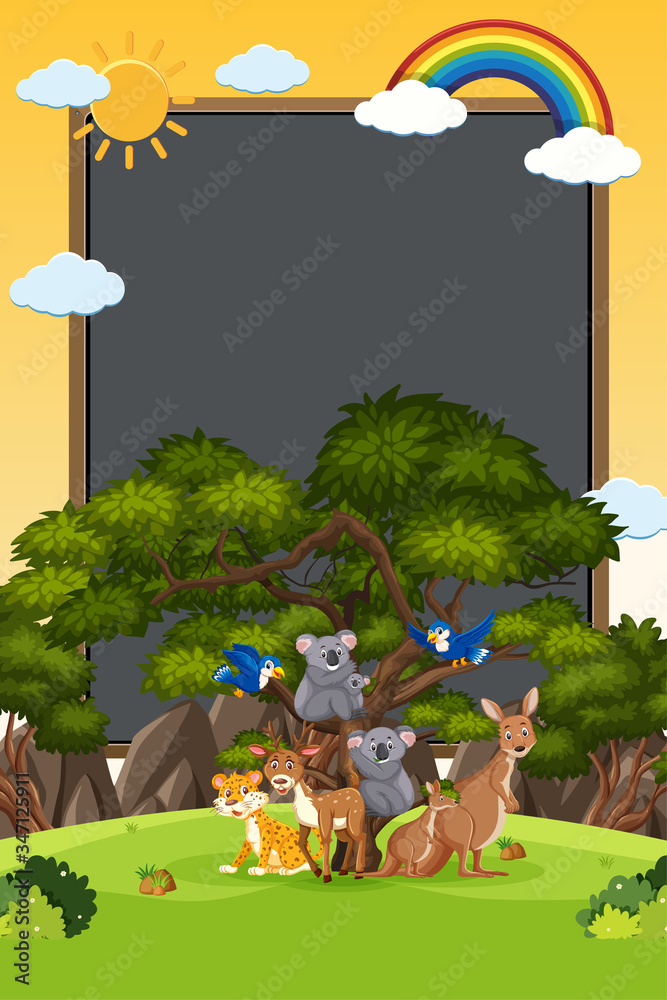 Fototapeta premium Border template design with many wild animals in background