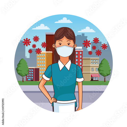 female cleaner worker profession using face mask