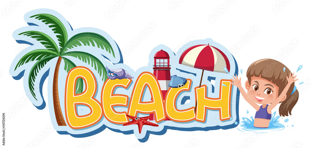 Font design template for word beach with girl swimming