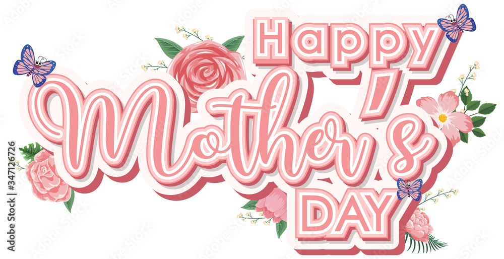 Template design for happy mother's day with flowers and butterfly