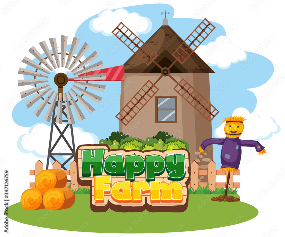 Naklejka premium Font design for happy farm with windmill and scarecrow