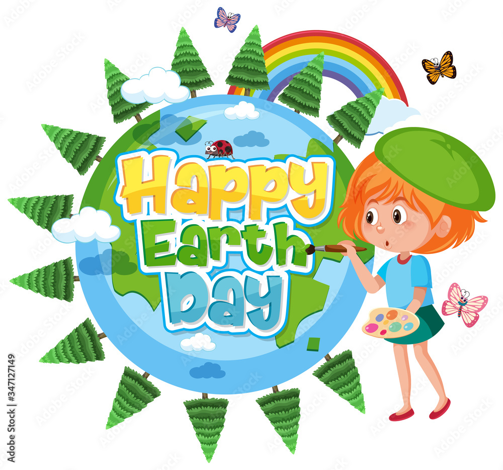 Poster design for happy earth day with happy girl painting Poster design for happy earth day with happy girl painting