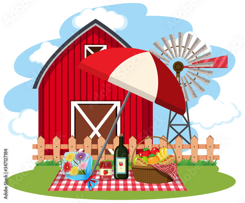 Farm scene with picnic lunch on the lawn