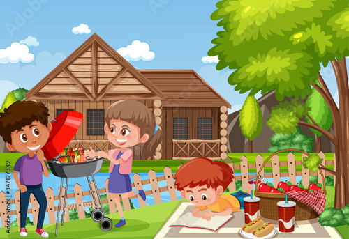 Background scene with happy kids in the park
