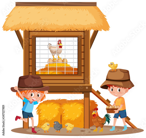 Two children and chickens on the farm
