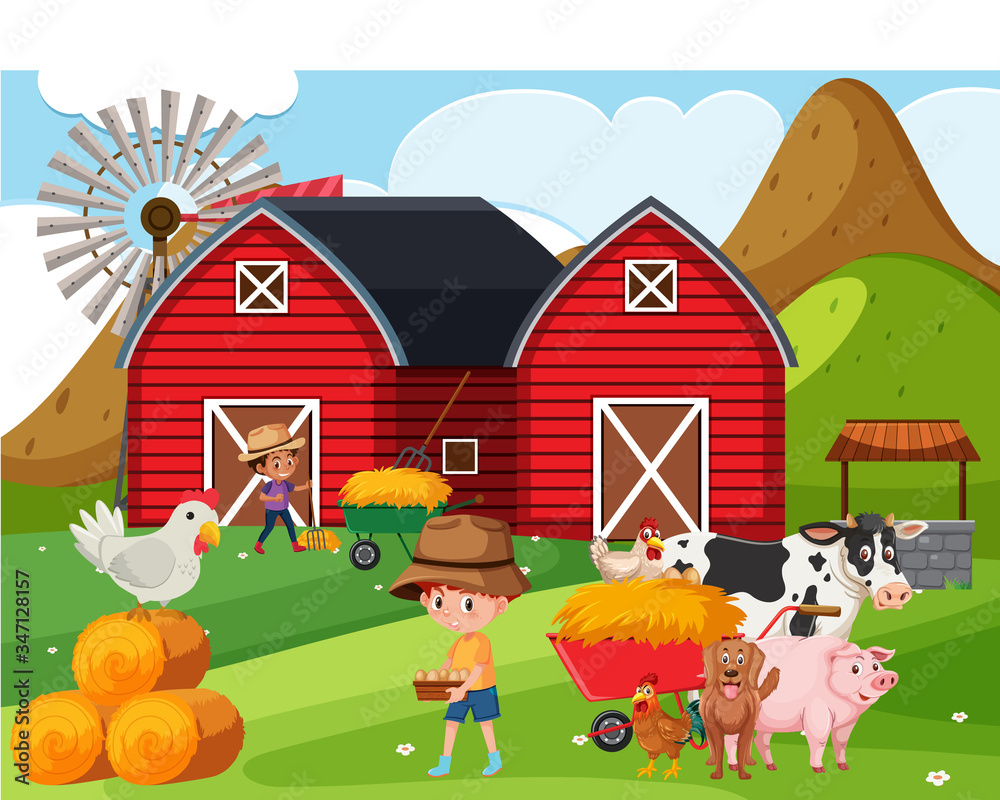 Fototapeta premium Farm scene with happy children and animals on the farm
