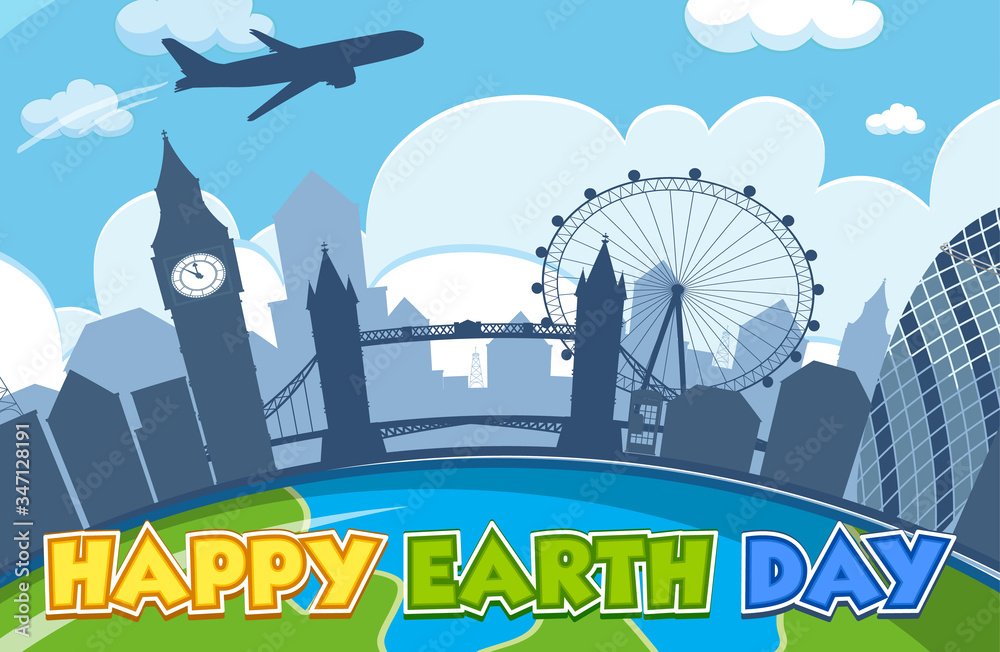 Happy earth day poster design with airplane flying over the city