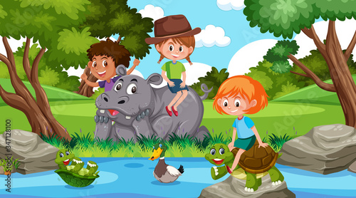 Scene with happy kids and animals in the park