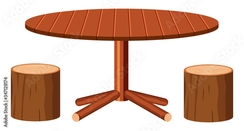 Wooden table and two log chairs on white background