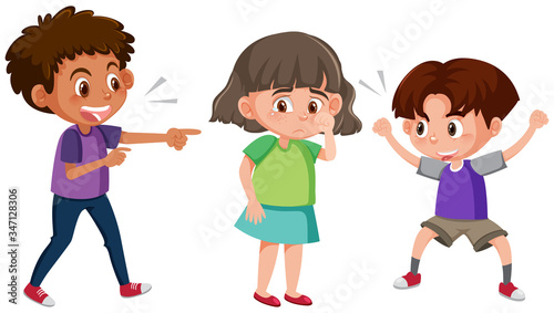 Domestic violence with kid bullying the others on white background